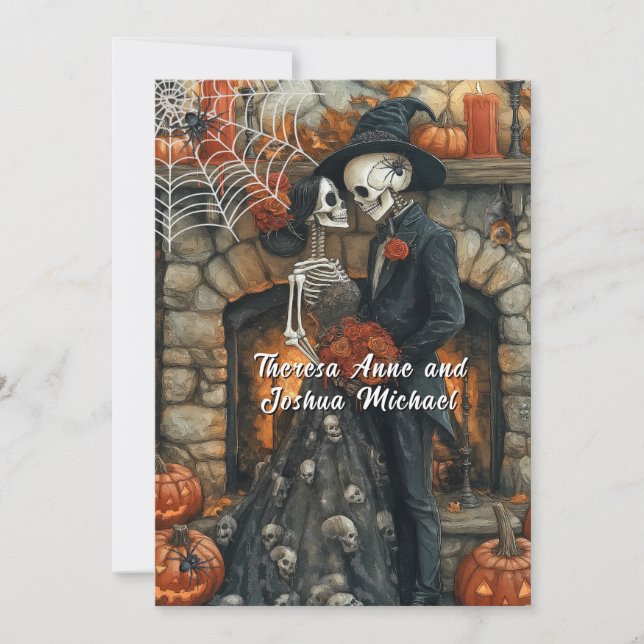 Invitación Boda de Halloween Esqueletos Arañas Negras Murciél (Anverso)