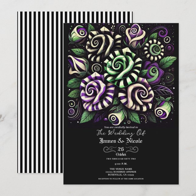 Invitación Boda de Halloween Floral de Rayo Negro Morado Verd (Anverso / Reverso)