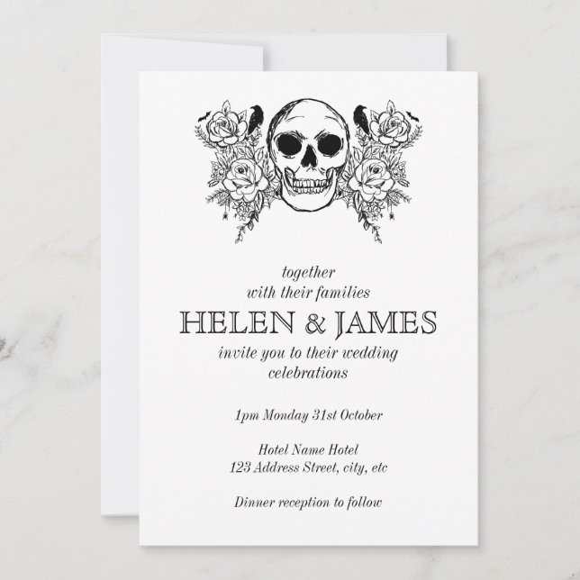 Invitación Boda de halloween florido blanco y negro (Anverso)