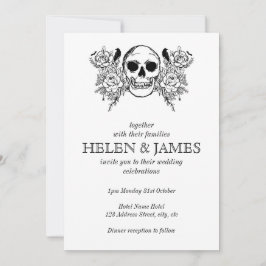 Invitación Boda de halloween florido blanco y negro