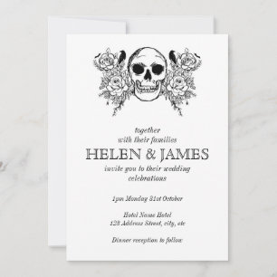 Invitación Boda de halloween florido blanco y negro