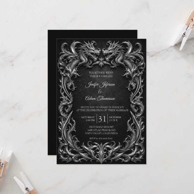 Invitación Boda de Halloween gótica de dragones (Anverso/Reverso In Situ)
