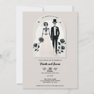 Invitación Boda de Halloween Gótica Esqueleto Negro Gris Pied