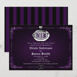 Invitación Boda de Halloween Gótica Vintage Plateada y Púrpur