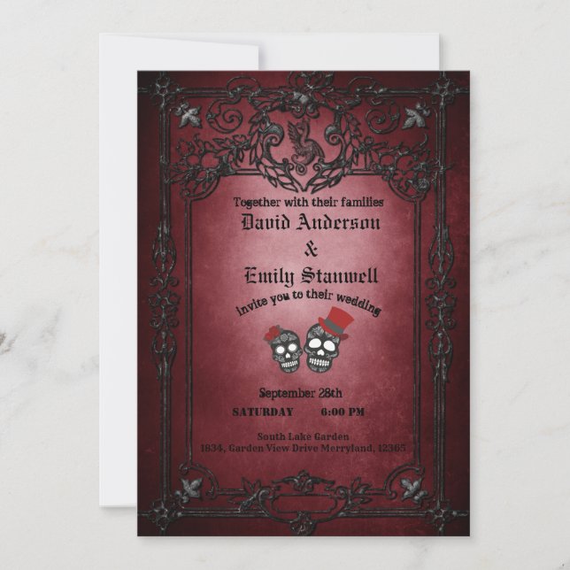 Invitación Boda De Halloween Gótico Floral Rojo Y Negro (Anverso)