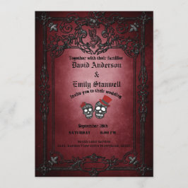 Invitación Boda De Halloween Gótico Floral Rojo Y Negro