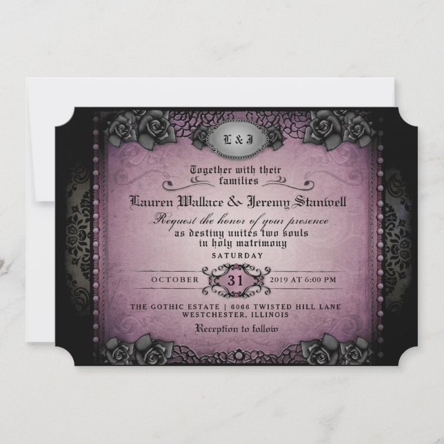 Invitación Boda de Halloween morado y gótico negro (Anverso)