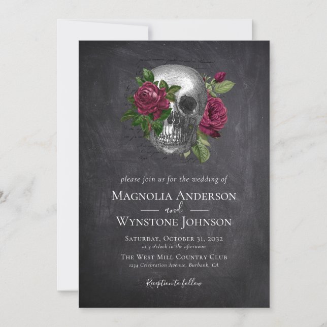 Invitación Boda de Halloween negro floral de cráneo gótico (Anverso)