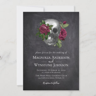 Invitación Boda de Halloween negro floral de cráneo gótico