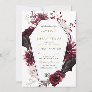 Invitación Boda de Halloween negro y borgoña de flor oscura 