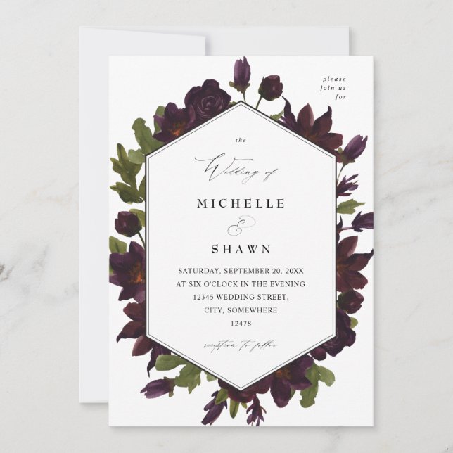 Invitación Boda de Halloween Purple Floral (Anverso)