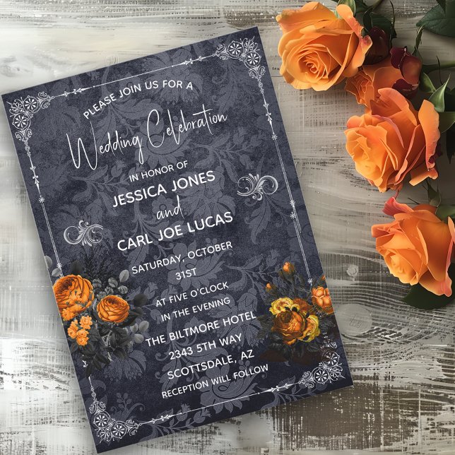 Invitación Boda de Halloween Rosa Naranja Floral Ornata (Subido por el creador)