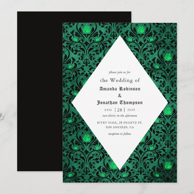Invitación Boda de Halloween rústica con estampado damasco gó (Anverso / Reverso)
