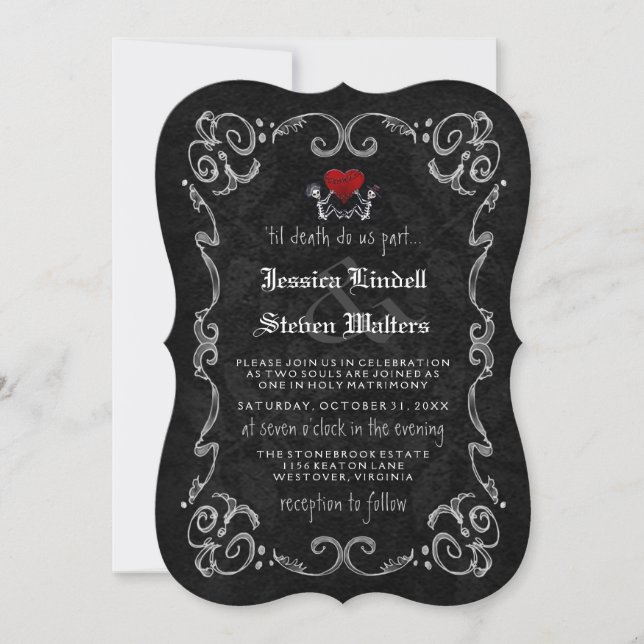 Invitación Boda de Halloween "TIL MUERTE" Esqueletos y corazó (Anverso)