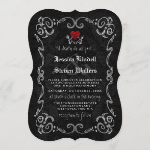 Invitación Boda de Halloween "TIL MUERTE" Esqueletos y corazó