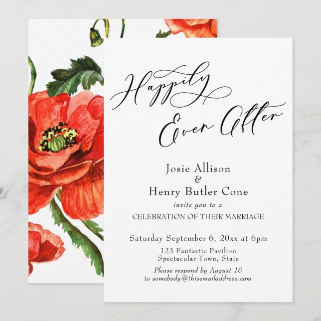 Invitación Boda de Happily Ever After, Amapolas Rojas (Anverso / Reverso)