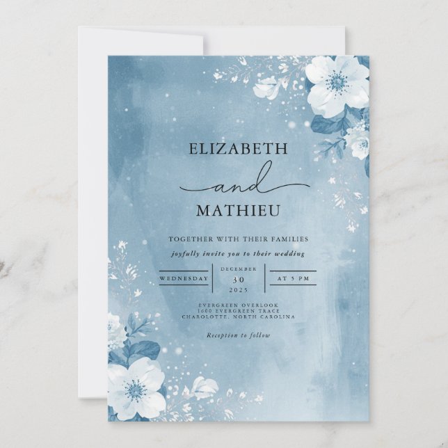 Invitación Boda de heladas botánicas Icy Blue (Anverso)