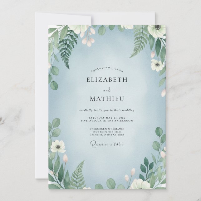 Invitación Boda de helecho azul celeste tenue (Anverso)