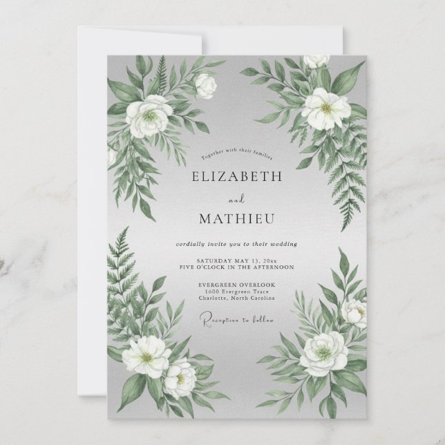 Invitación Boda de Helecho Blanco Plateado (Anverso)