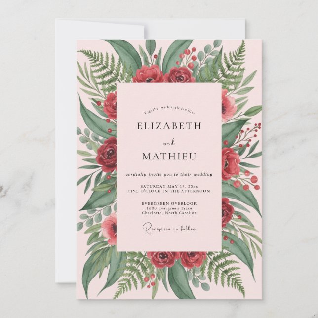 Invitación Boda de helecho carmesí con rubor (Anverso)