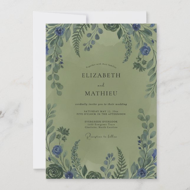 Invitación Boda de helecho de cobalto oliva (Anverso)