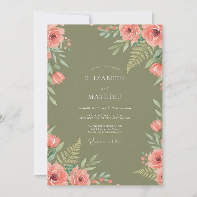 Invitación Boda de helecho de coral de oliva (Anverso)