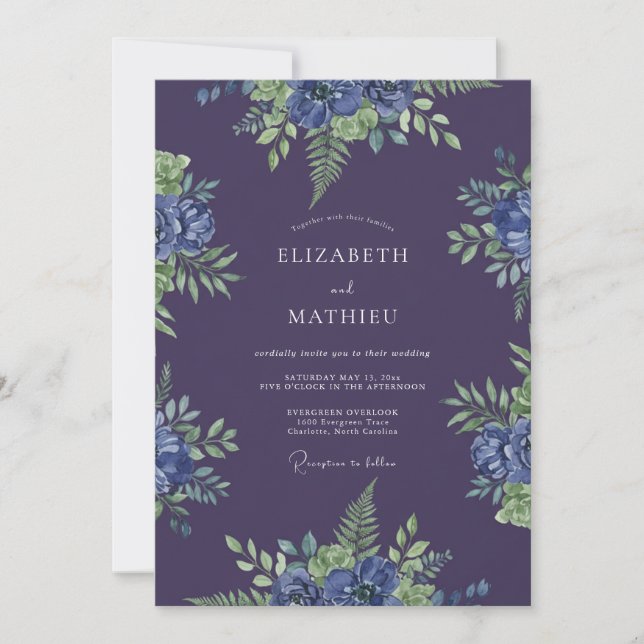 Invitación Boda de helecho índigo ciruela profundo (Anverso)