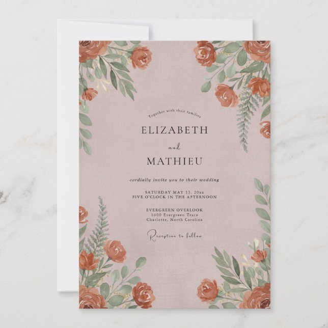 Invitación Boda de helecho malva herrumbre (Anverso)