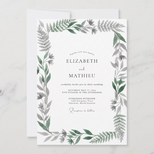 Invitación Boda de helecho oliva silenciado pradera (Anverso)