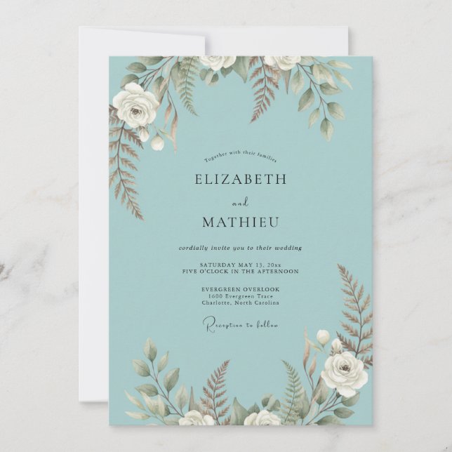 Invitación Boda de helecho pintado de aqua (Anverso)