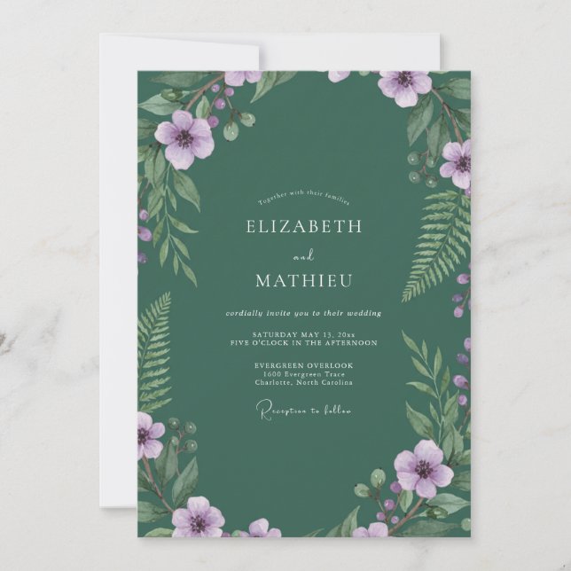 Invitación Boda de helecho púrpura profundo (Anverso)