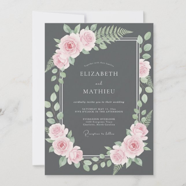 Invitación Boda de Helecho Rosa Carbón (Anverso)
