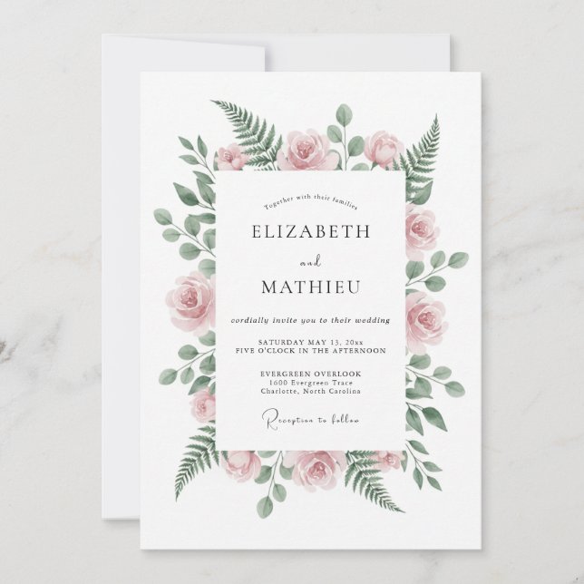 Invitación Boda de helecho sereno rosa rubor (Anverso)