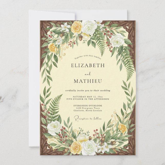 Invitación Boda de Helechos Amarillo Pálido (Anverso)
