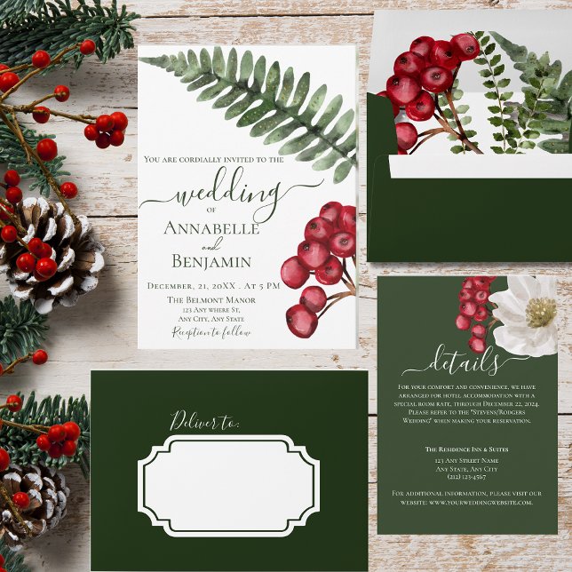 Invitación Boda de helechos de flores de Berry y verde minima (Subido por el creador)