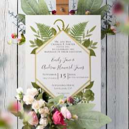 Invitación Boda de helechos y fauna blanco y verde