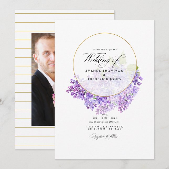 Invitación Boda de Herbario Geométrico Pastel Violet y Oro (Anverso / Reverso)