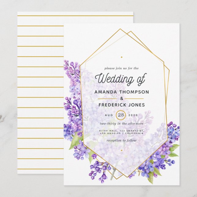 Invitación Boda de Herbario Geométrico Pastel Violet y Oro (Anverso / Reverso)