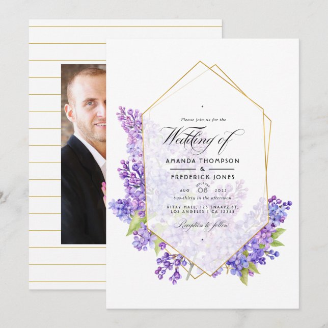 Invitación Boda de Herbario Geométrico Pastel Violet y Oro (Anverso / Reverso)