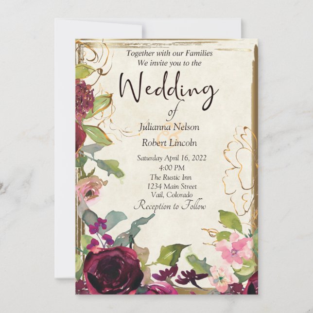 Invitación Boda de hermoso burgundy rosa y dorado (Anverso)