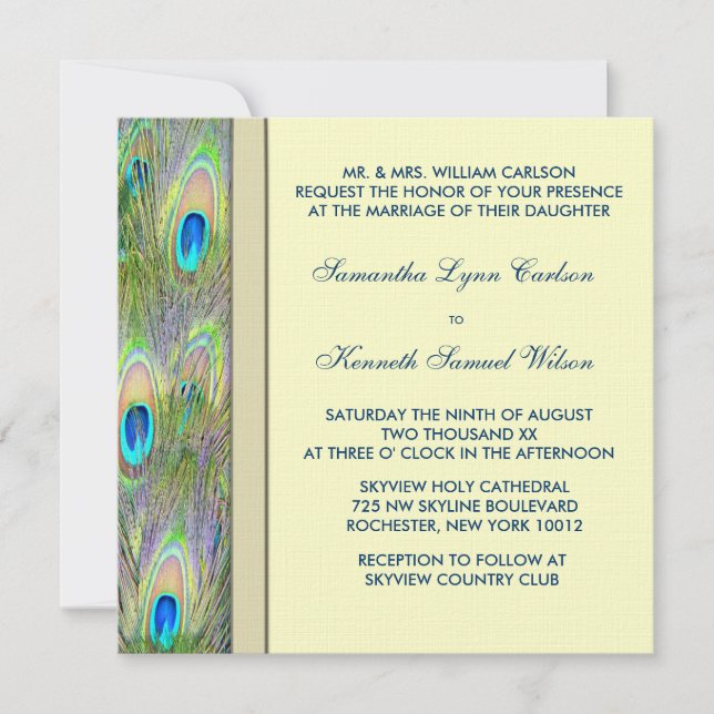 Invitación Boda de hermoso pavo real dorado (Anverso)