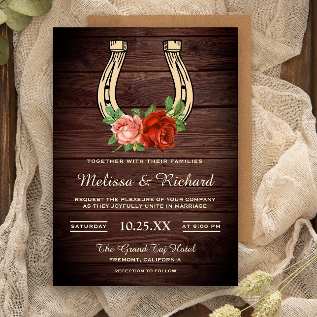Invitación Boda de herradura floral de madera de granero rúst (Subido por el creador)