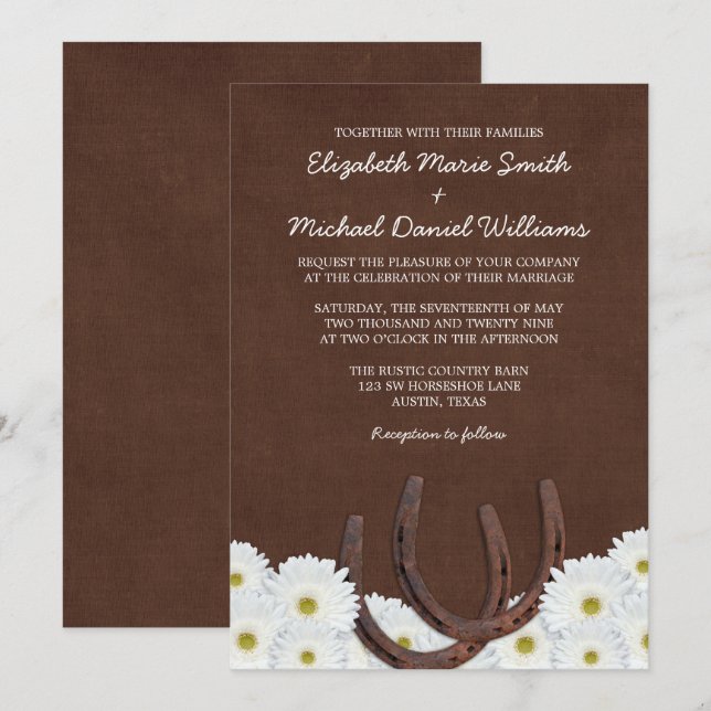 Invitación Boda de herraduras occidentales y daisies (Anverso / Reverso)