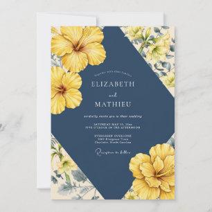 Invitación Boda de Hibisco Amarillo y Azul Marino con Eucalip