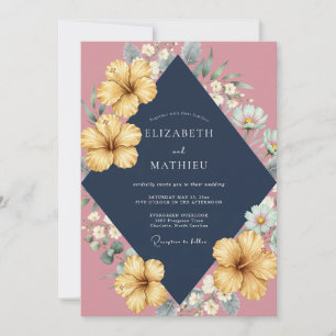 Invitación Boda de hibisco amarillo y eucalipto azul marino