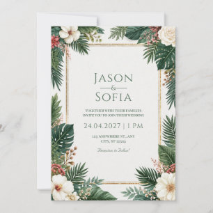Invitación Boda de Hibisco Blanco con Borde Tropical Dorado