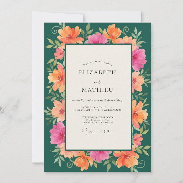 Invitación Boda de Hibisco Eucalipto Coral Verde (Anverso)