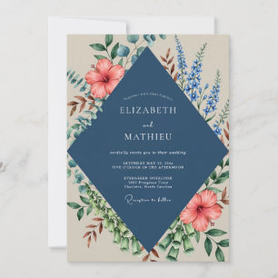 Invitación Boda de Hibisco Eucalipto Melocotón y Azul Marino