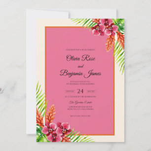 Invitación Boda de Hibisco Eucalipto Rosa Caliente