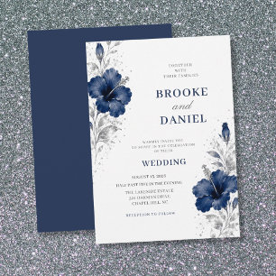 Invitación Boda de Hibisco Navy Ligero con Brillo de Plata
